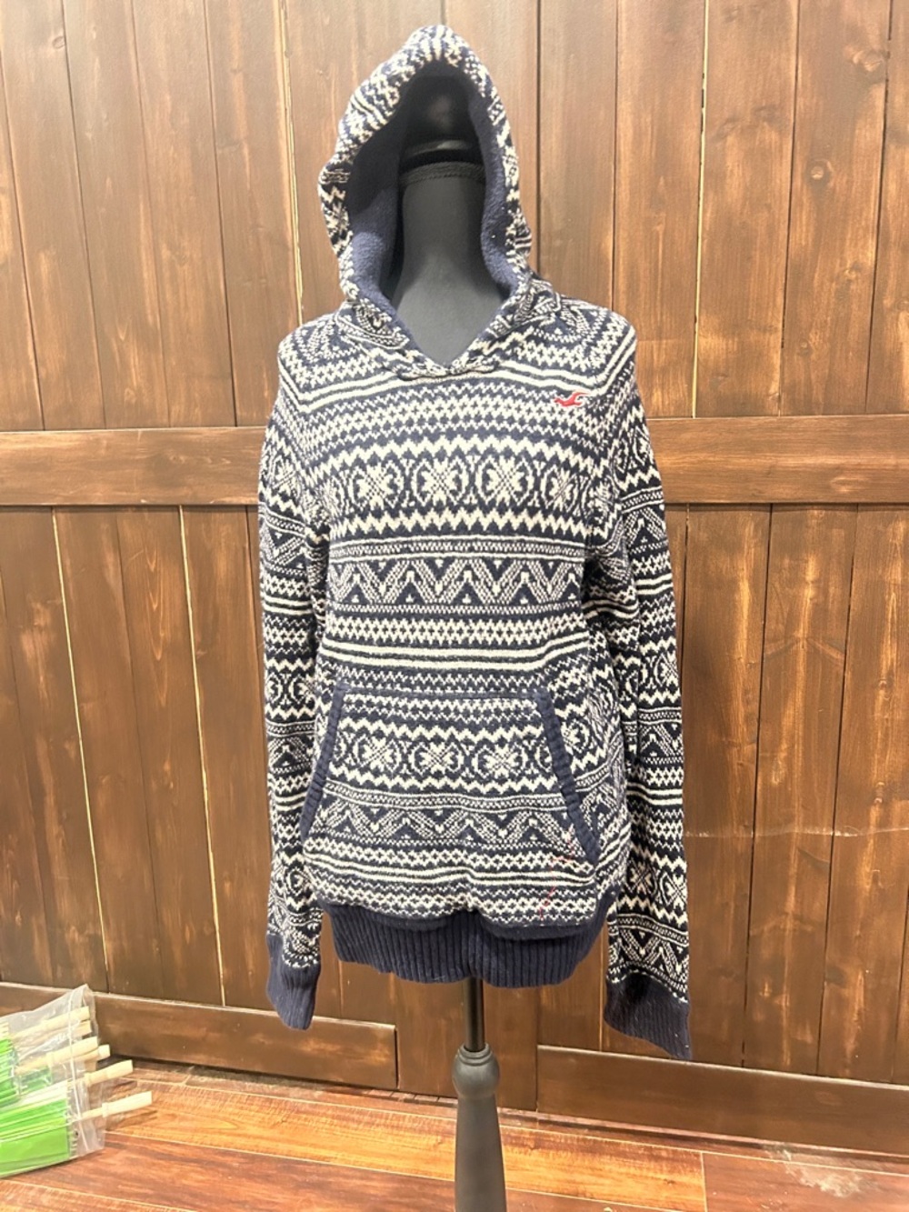 Hollister Navy & White Knit Hooded Sweater